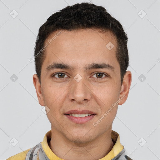 Joyful white young-adult male with short  brown hair and brown eyes