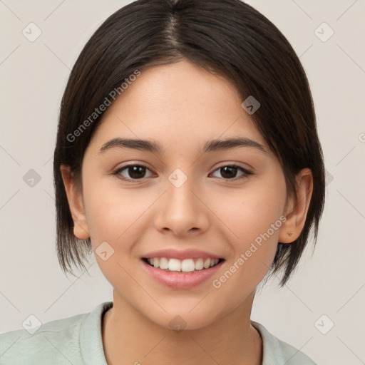 Joyful white young-adult female with medium  brown hair and brown eyes