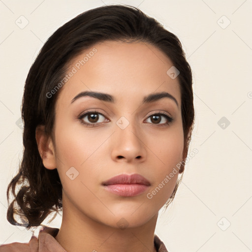 Neutral white young-adult female with long  brown hair and brown eyes