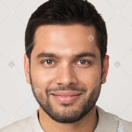 Joyful white young-adult male with short  brown hair and brown eyes