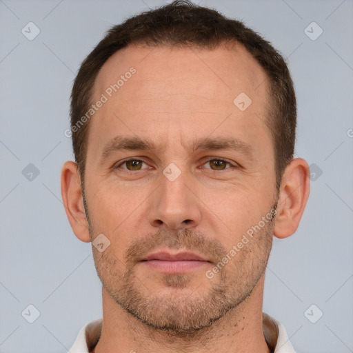 Neutral white adult male with short  brown hair and brown eyes