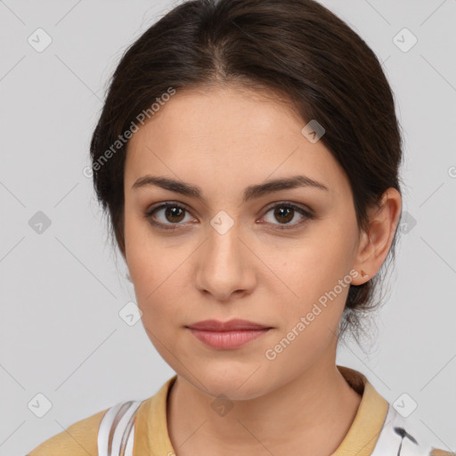 Neutral white young-adult female with medium  brown hair and brown eyes