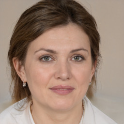 Joyful white adult female with medium  brown hair and grey eyes