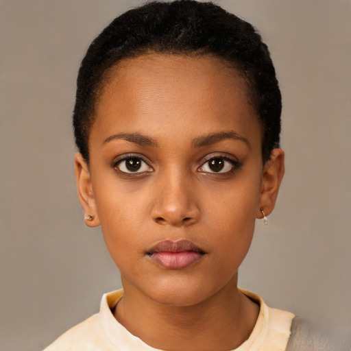 Neutral black young-adult female with short  black hair and brown eyes