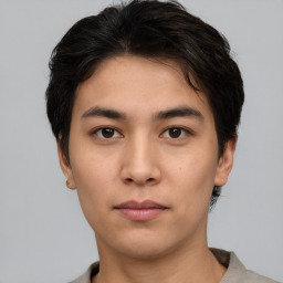 Neutral white young-adult male with short  black hair and brown eyes
