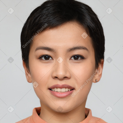 Joyful asian young-adult female with short  brown hair and brown eyes