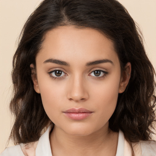 Neutral white young-adult female with long  brown hair and brown eyes