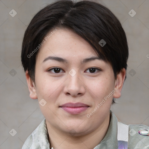 Joyful asian young-adult female with medium  brown hair and brown eyes