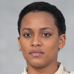 Neutral black young-adult female with short  brown hair and brown eyes