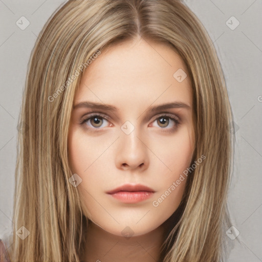 Neutral white young-adult female with long  brown hair and brown eyes