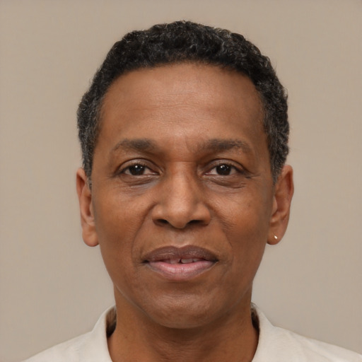 Joyful black adult male with short  black hair and brown eyes