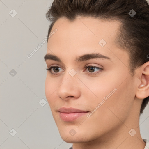 Neutral white young-adult female with short  brown hair and brown eyes