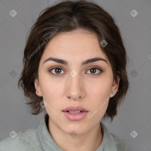 Neutral white young-adult female with medium  brown hair and brown eyes