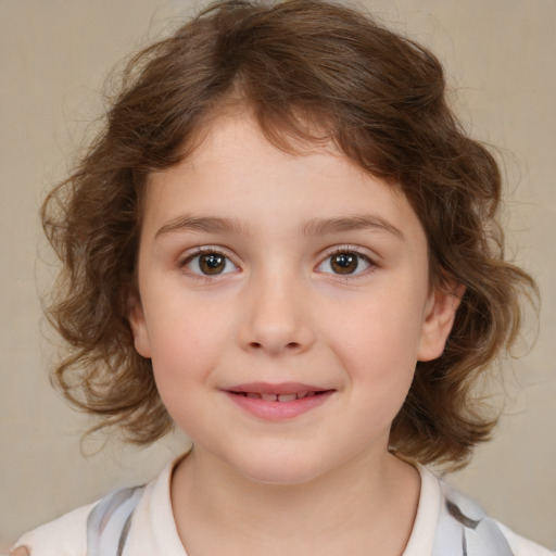 Joyful white child female with medium  brown hair and brown eyes