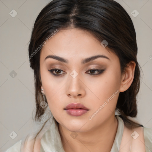 Neutral asian young-adult female with medium  brown hair and brown eyes