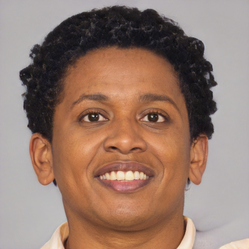 Joyful black adult female with short  brown hair and brown eyes