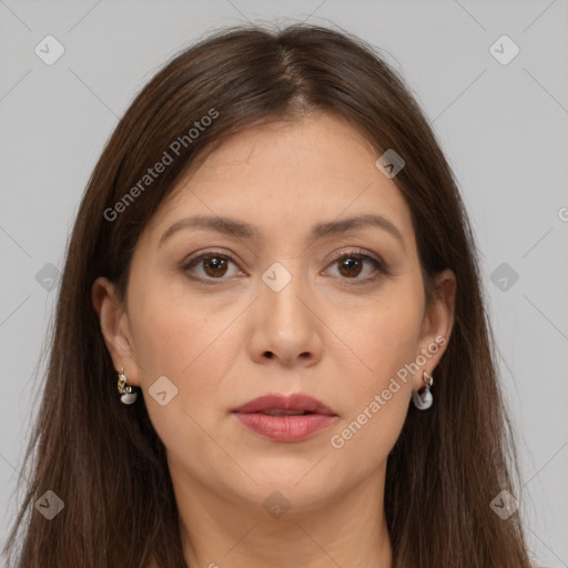 Joyful white young-adult female with long  brown hair and brown eyes