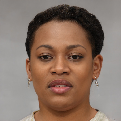 Joyful black young-adult female with short  brown hair and brown eyes