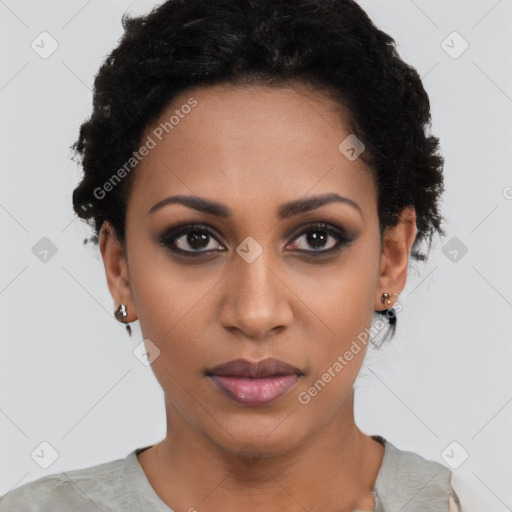 Neutral black young-adult female with short  black hair and brown eyes