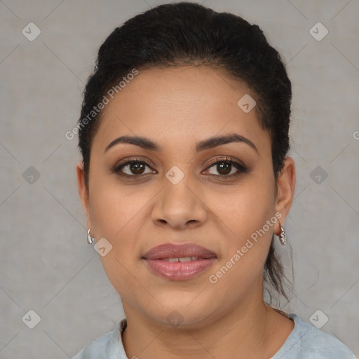 Joyful latino young-adult female with short  brown hair and brown eyes