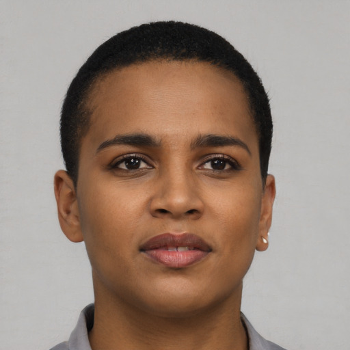 Neutral latino young-adult female with short  brown hair and brown eyes