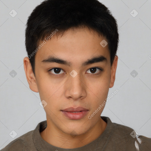 Neutral asian young-adult male with short  brown hair and brown eyes