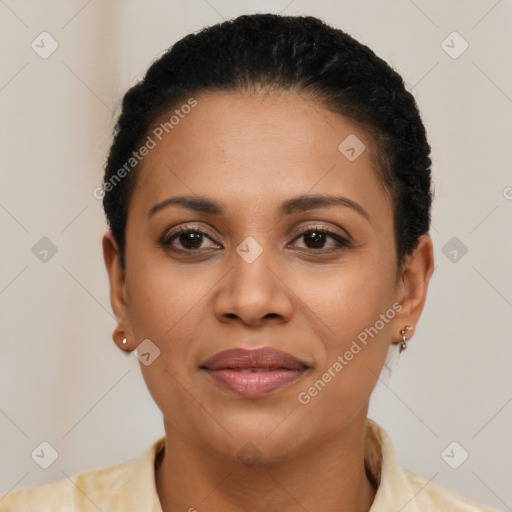 Joyful latino young-adult female with short  brown hair and brown eyes