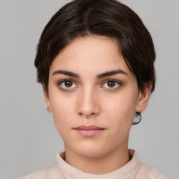 Neutral white young-adult female with short  brown hair and brown eyes