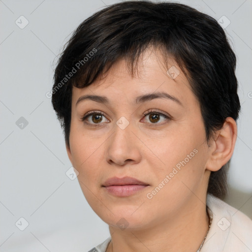 Joyful white young-adult female with medium  brown hair and brown eyes