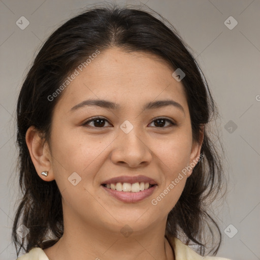 Joyful white young-adult female with medium  brown hair and brown eyes