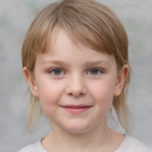 Joyful white child female with medium  brown hair and blue eyes