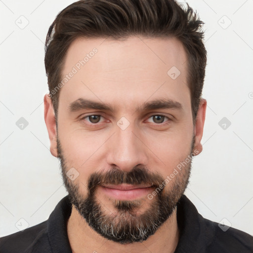 Neutral white young-adult male with short  brown hair and brown eyes