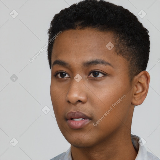 Neutral black young-adult male with short  black hair and brown eyes