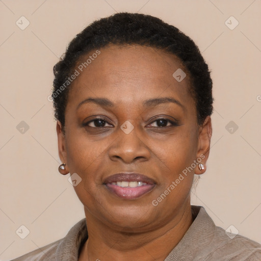 Joyful black adult female with short  brown hair and brown eyes