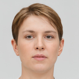 Neutral white young-adult female with short  brown hair and brown eyes