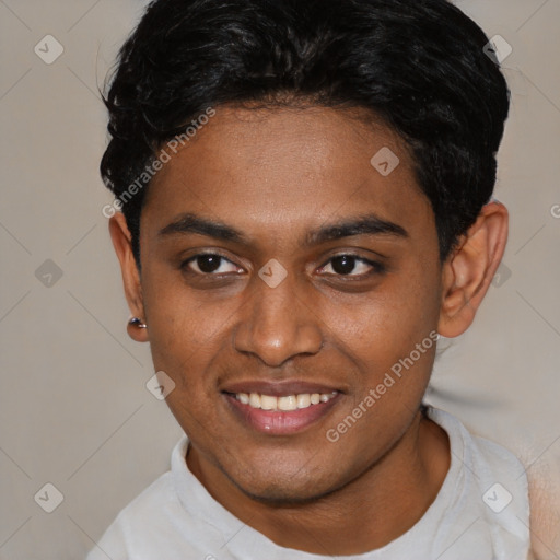 Joyful latino young-adult male with short  black hair and brown eyes