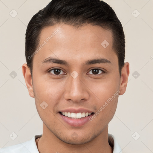 Joyful white young-adult male with short  brown hair and brown eyes