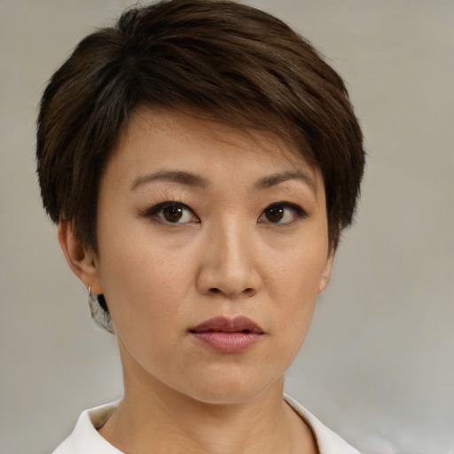 Neutral white young-adult female with short  brown hair and brown eyes