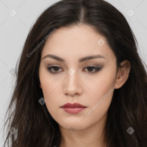 Neutral asian young-adult female with long  brown hair and brown eyes