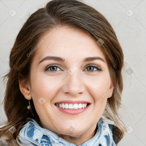 Joyful white young-adult female with medium  brown hair and blue eyes