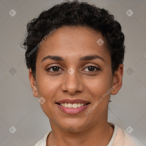 Joyful latino young-adult female with short  brown hair and brown eyes