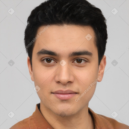 Joyful latino young-adult male with short  black hair and brown eyes