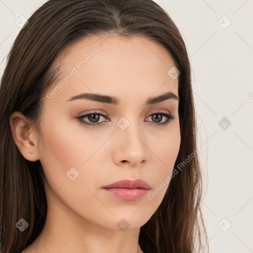 Neutral white young-adult female with long  brown hair and brown eyes