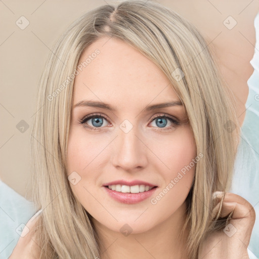 Joyful white young-adult female with long  brown hair and green eyes