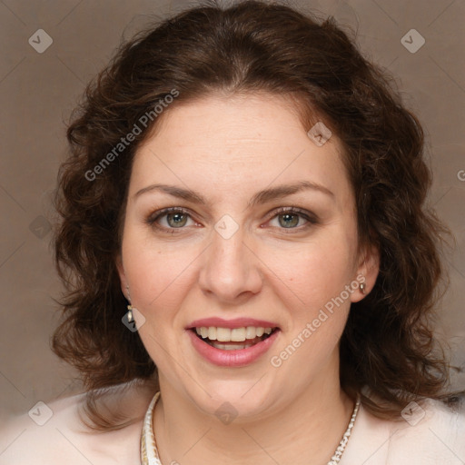 Joyful white young-adult female with medium  brown hair and green eyes