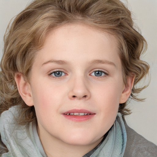 Joyful white child female with medium  brown hair and blue eyes