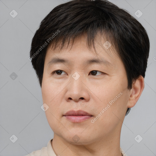 Joyful asian young-adult male with short  brown hair and brown eyes