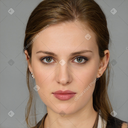 Neutral white young-adult female with medium  brown hair and brown eyes