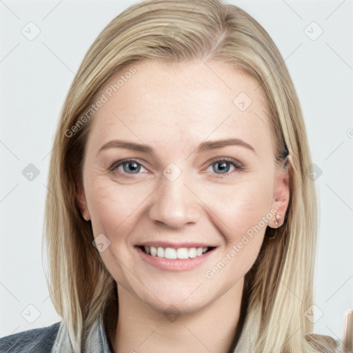 Joyful white young-adult female with long  brown hair and blue eyes