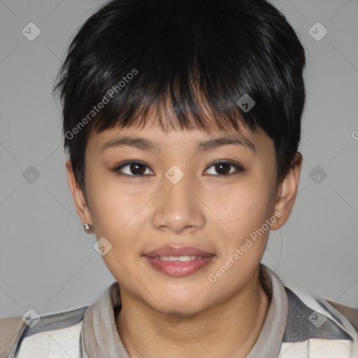 Joyful asian young-adult female with short  brown hair and brown eyes